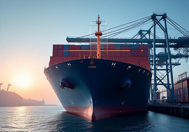 Containerschiff im Hafen mit digitalen Daten-Overlays
