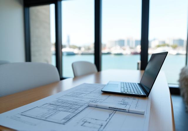 Business-Meeting in einem hellen Büro mit Blick auf eine Küstenlandschaft